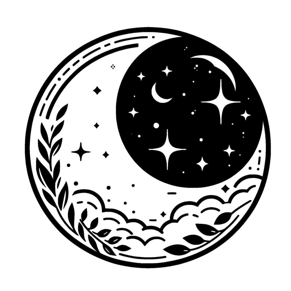 Intricate monochrome artwork depicting a celestial scene within a circle, featuring moon phases, stars, clouds, and botanical elements like leaves and branches. vector