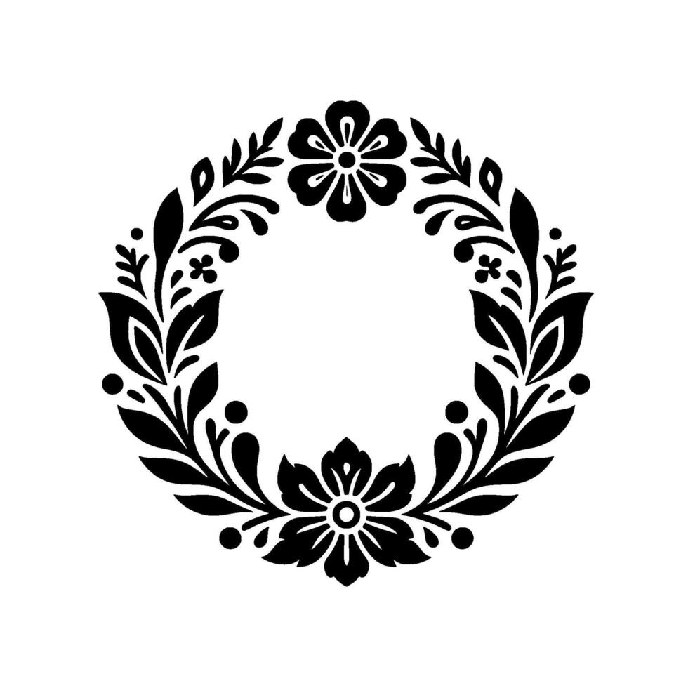 Circular black floral wreath on white background, decorative design, simple, elegant, natural, botanical art. vector