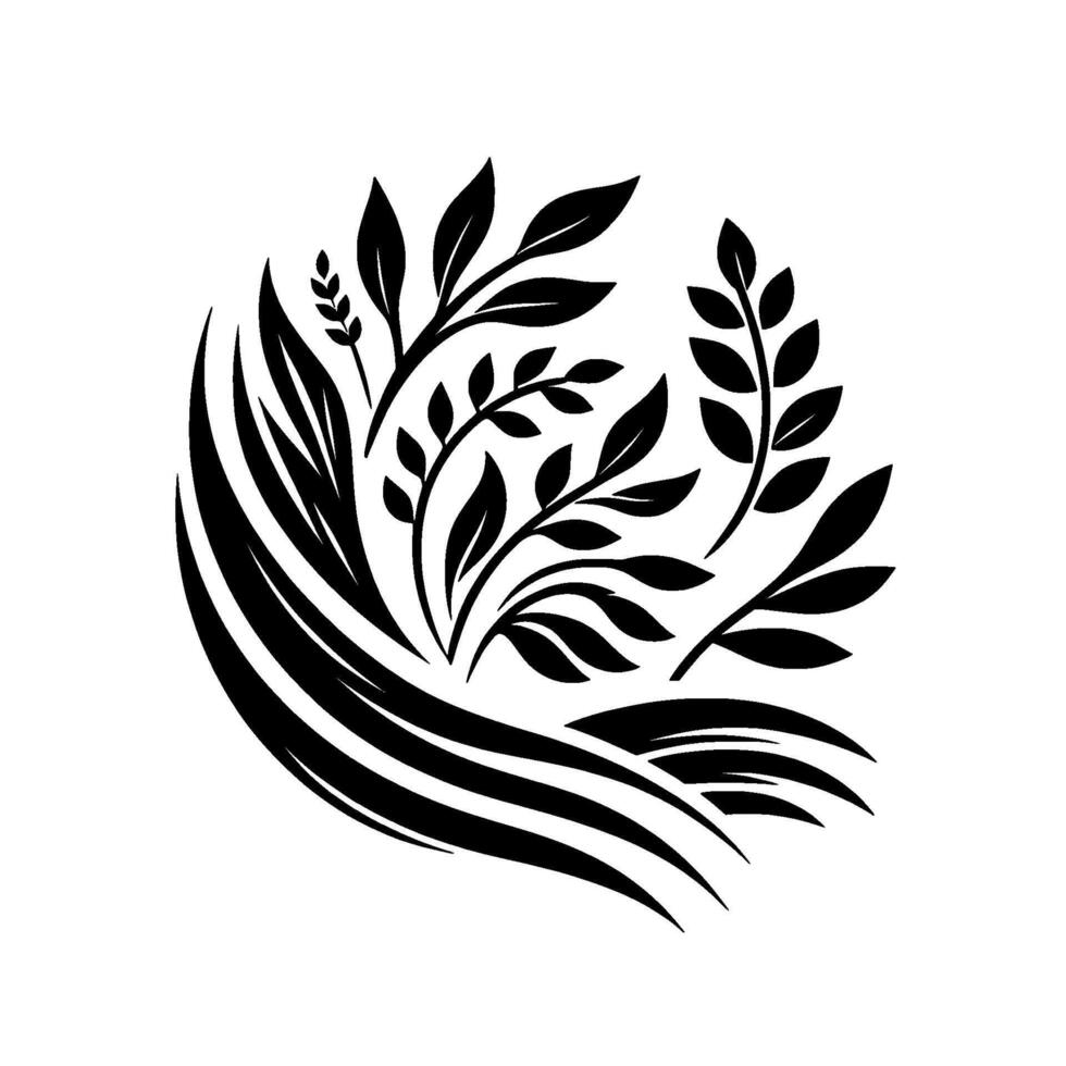 Black and white minimalist illustration of stylized leaves and flowing lines arranged in a circular design, evoking nature and elegance. vector