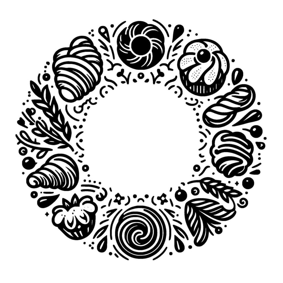 Whimsical black and white circular illustration of various baked goods and botanical elements forming a decorative border. vector