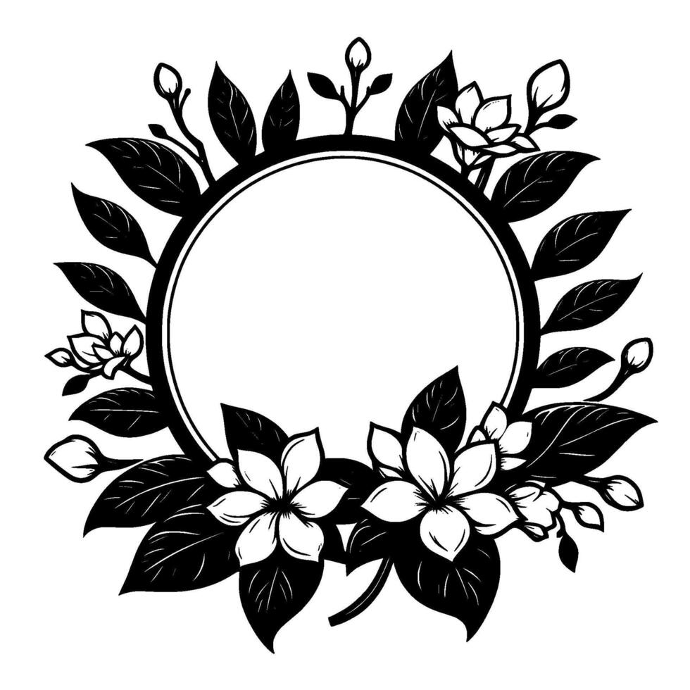 Elegant black and white floral circle frame, featuring jasmine flowers, leaves, and bud elements, perfect for and decoration. vector