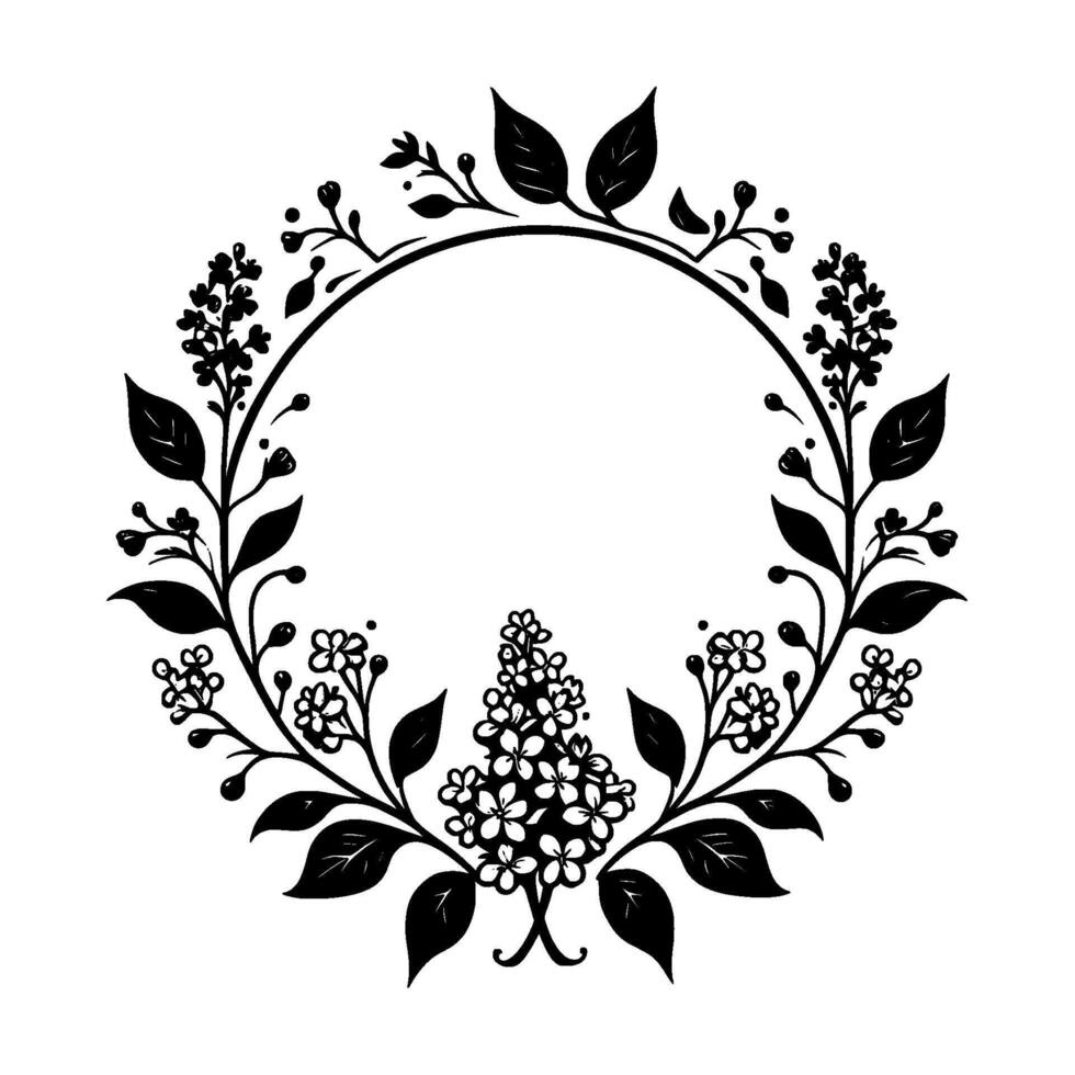 Elegant black white floral wreath circular botanical with leaves, berries, and detailed flower clusters. vector