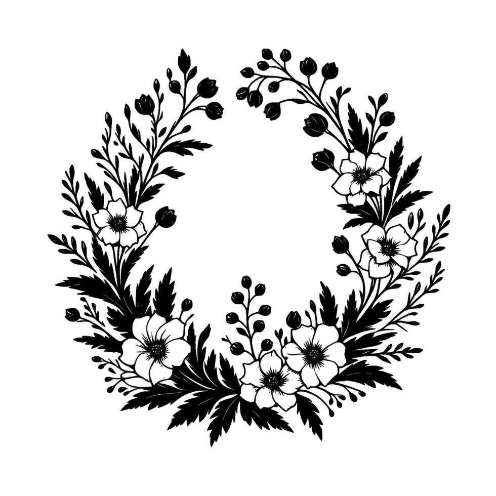 Elegant black and white floral wreath composition, featuring detailed flowers, buds, and leafy branches, set against a plain white backdrop. vector