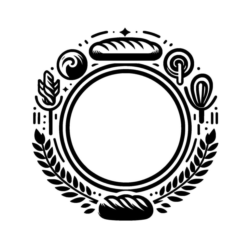 Black and white bakery emblem with bread, flour, and leaf border, circular vector