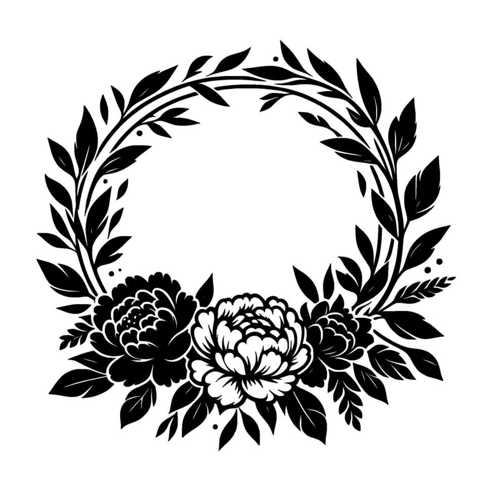 Elegant black and white floral wreath, featuring peonies and leafy branches, decorative on white background. vector