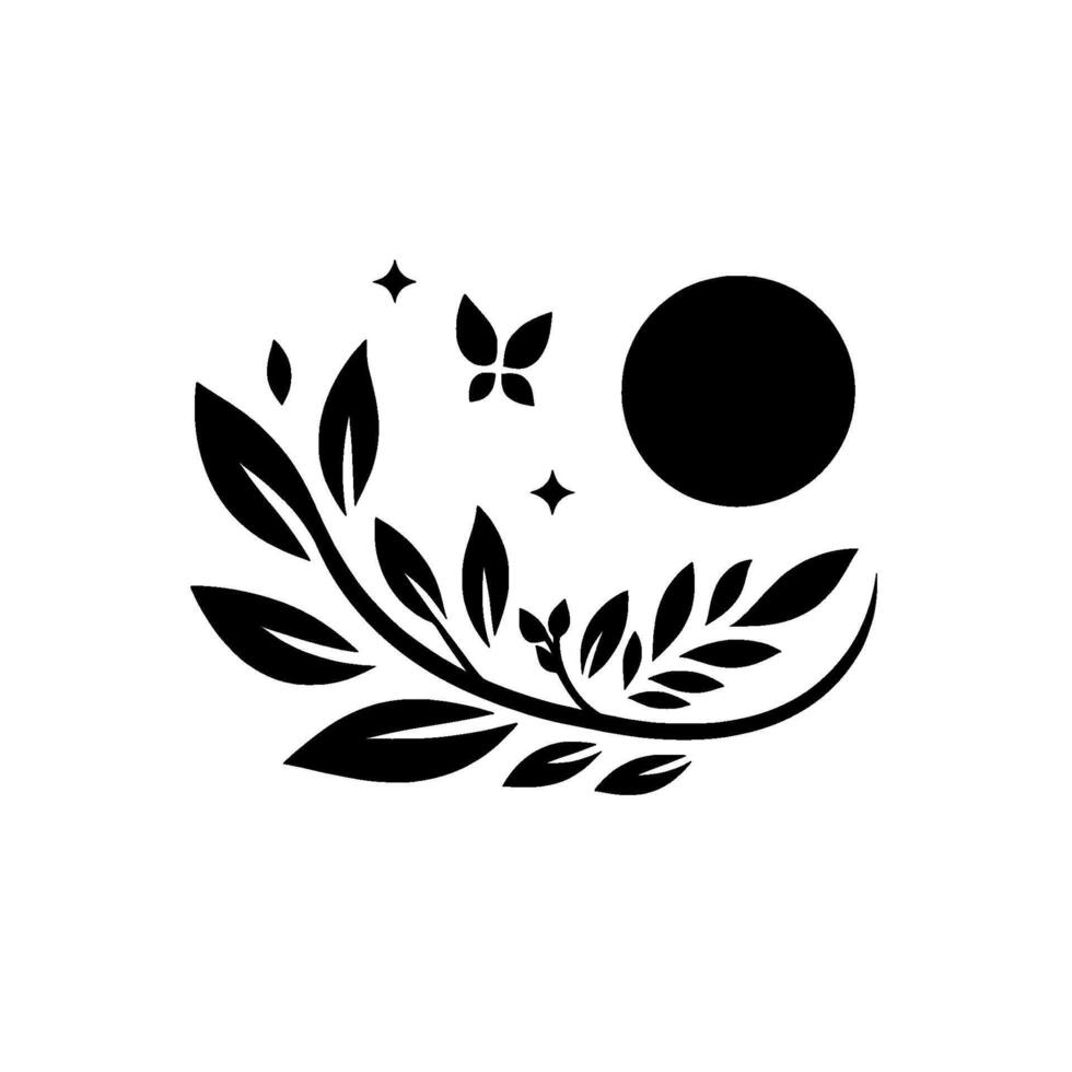 Minimalist black white logo curved branch with leaves, butterfly, moon, stars against a white backdrop vector