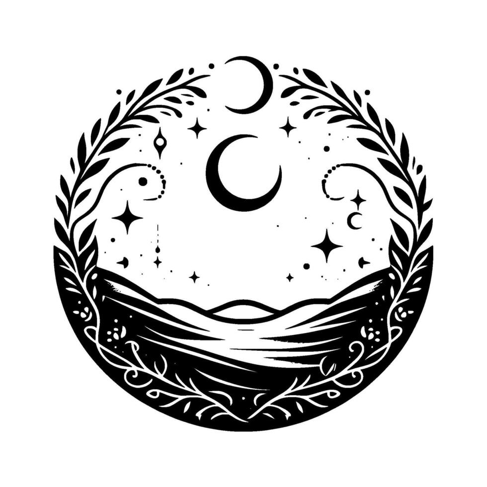 Circular black and white celestial illustration with crescent moons, stars, mountains, and foliage. vector