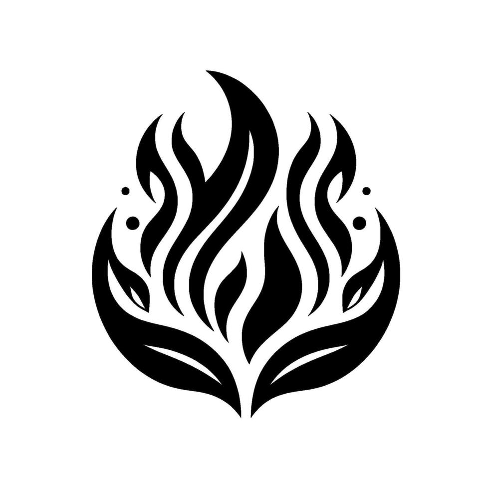 A symmetrical, stylized black and white illustration of a flame and leaf design, resembling a stylized flame. the image is set against a stark white background. vector