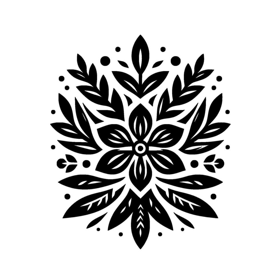 Symmetrical black and white floral mandala with leafy accents and circular dots, on white background, for design. vector