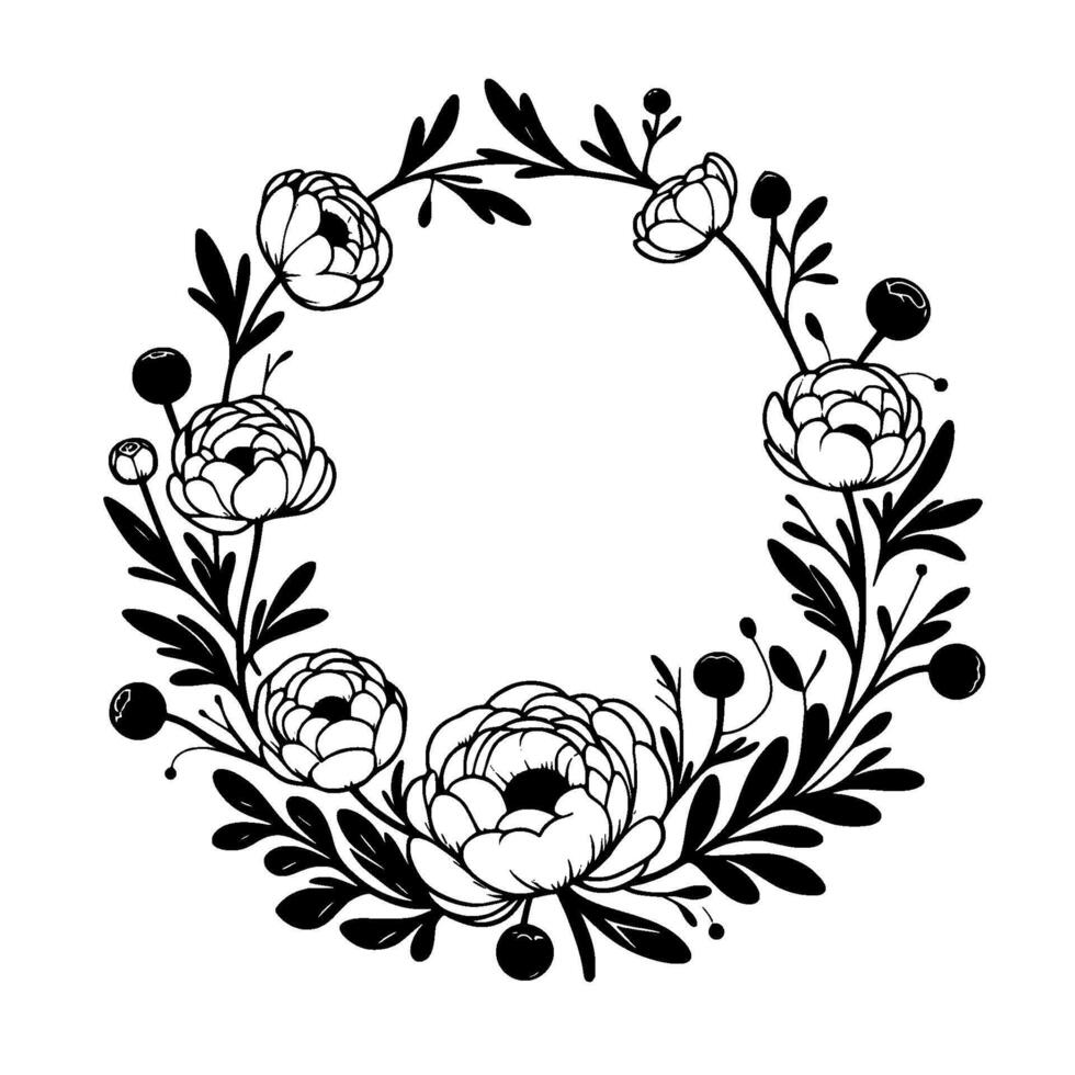 Elegant black and white floral wreath featuring detailed peonies, berries, and foliage in a circular on a white background. vector