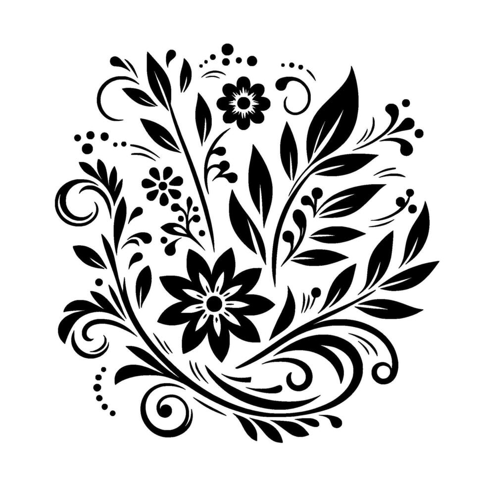 Elegant black and white floral arrangement featuring stylized flowers, leaves, swirls, and dot accents in symmetrical circular composition. vector