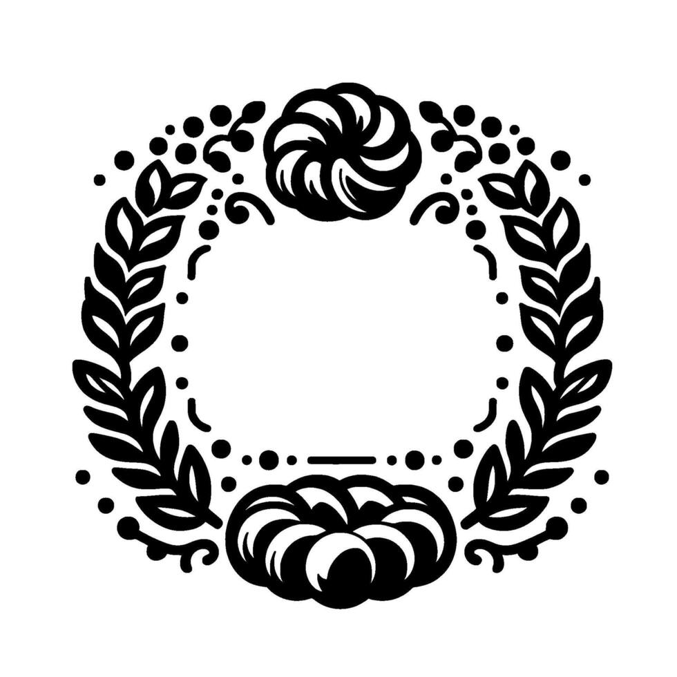 Elegant black and white floral wreath with decorative flourishes and ornate pumpkinlike details. vector