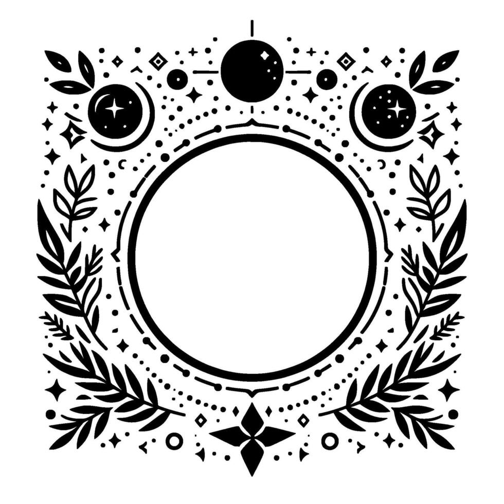 Intricate celestial frame moonlit starry night with foliage border, blank circle center, and black and white design. vector