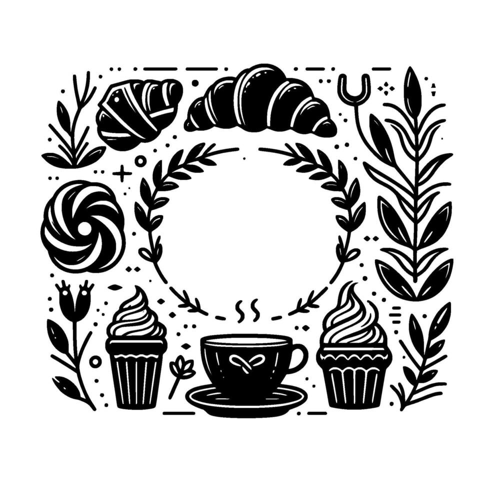 Elegant black and white coffee and pastry illustration, framed by floral elements, surrounding a central blank circle for design. vector