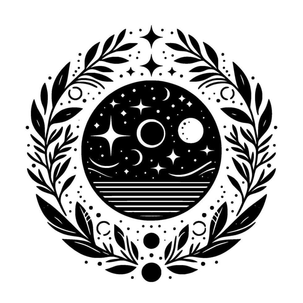 Celestial nightscape black white circle with stars, moons, rings, and foliage wreath, minimalist aesthetic. vector