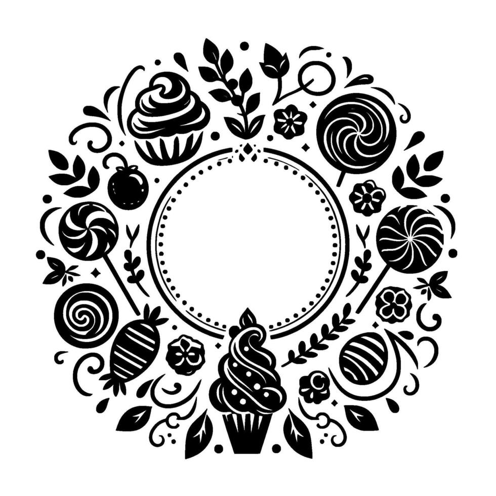 Black white circular decorative frame with cupcakes, lollipops, candies, and floral elements, ideal for invites or designs. vector