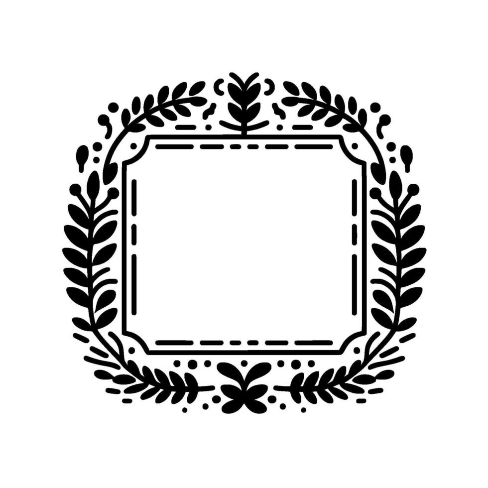 Elegant black and white floral wreath frame, rectangular center, leaf and berry accents, decorative border, minimalist vector