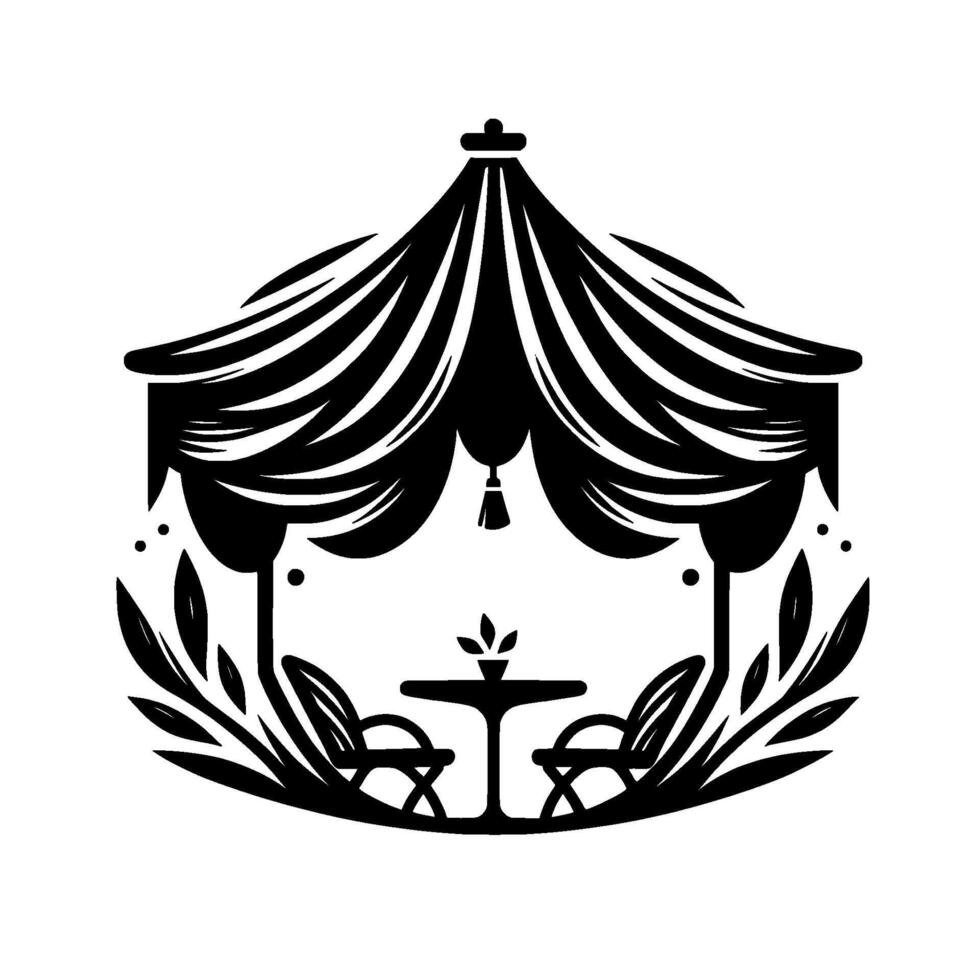 Black and white stylized illustration of a shaded outdoor cafe setting, complete with table, chairs, tentlike canopy, and foliage frame. vector