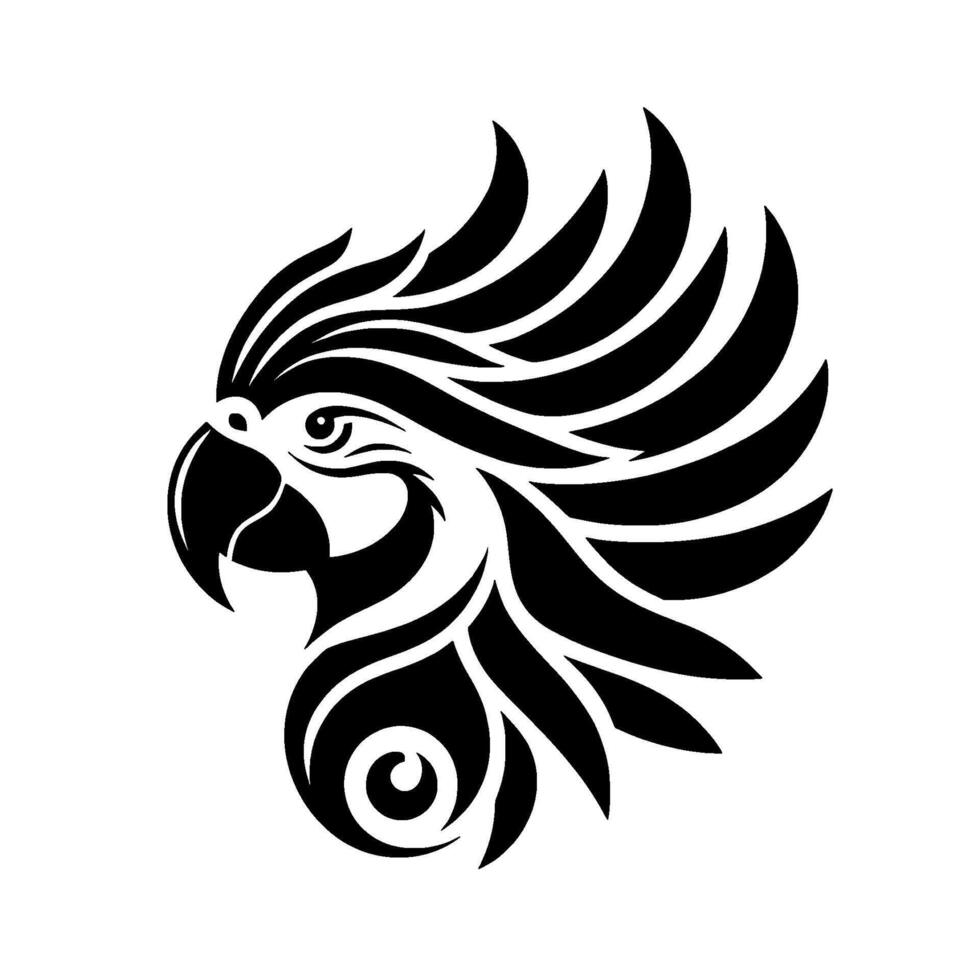 Sleek, monochrome parrot crest bold depicting a cockatoos head with stylized feathers, isolated on white. vector