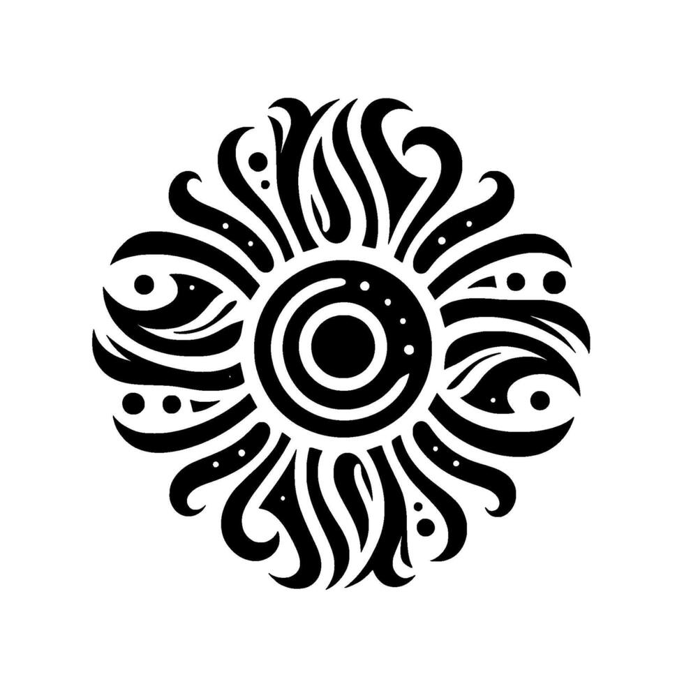 Symmetrical black and white floral mandala with swirling petals and dot accents on white background, geometric design. vector
