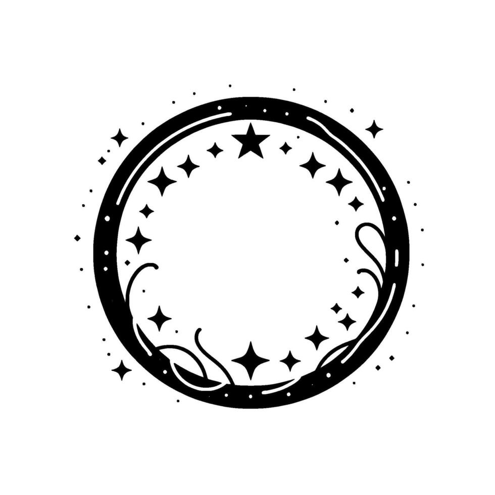 Intricate black and white celestial circle ornament featuring stars, vines, and a sparkling speckled pattern on white background. vector