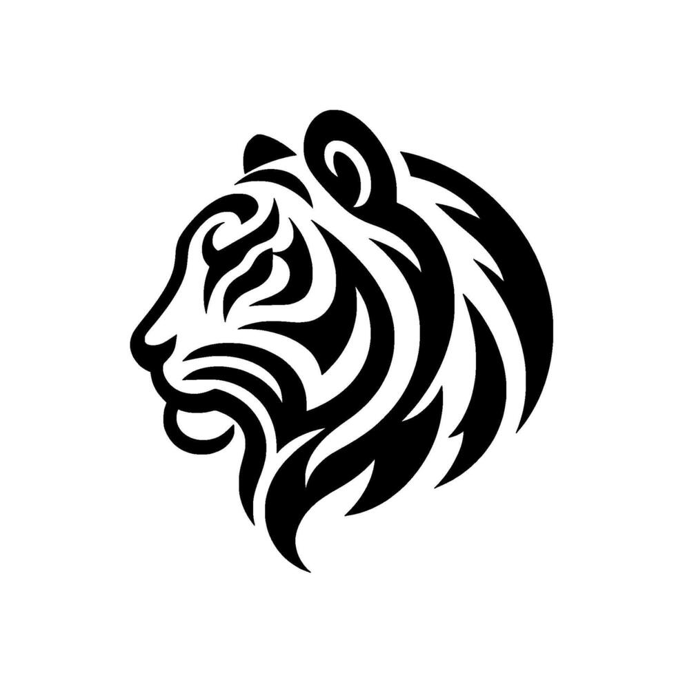 Bold black and white tiger head tattoo design, profile view, art, isolated on white background. vector