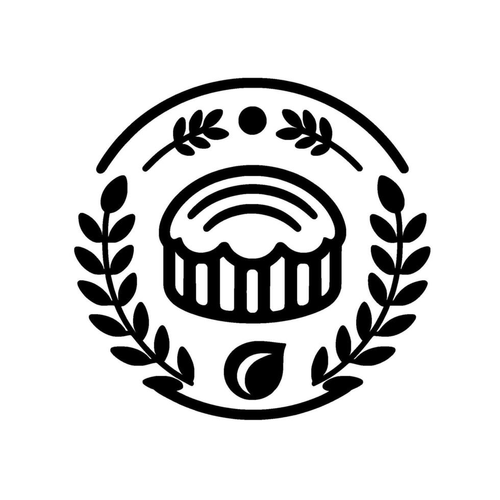 Circular black and white bakery featuring a stylized pie, encircled by a laurel wreath, leaves, and subtle dot elements. vector