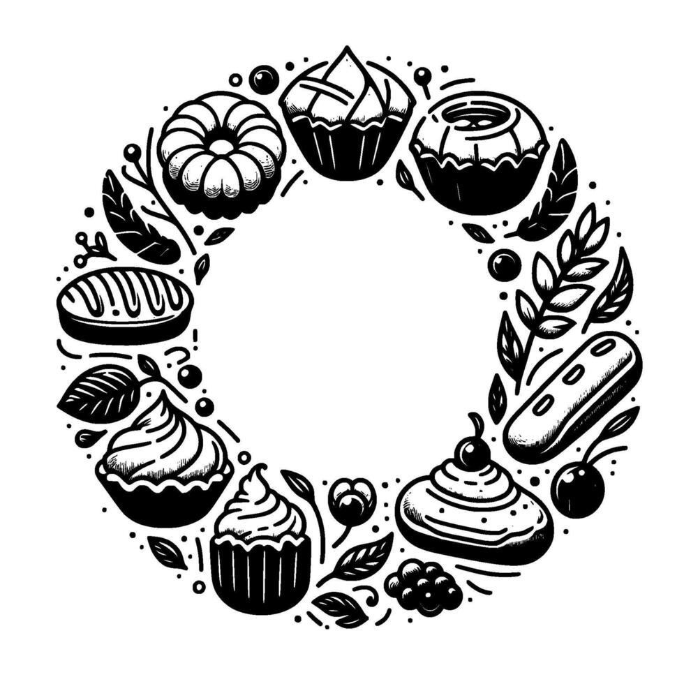 Circular black and white illustration of various baked goods and berries, forming a wreathlike design. vector