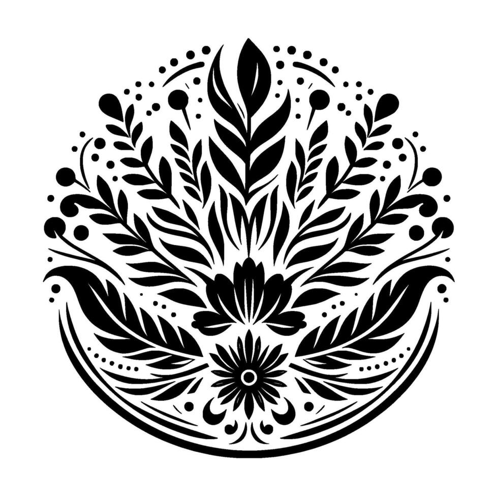 Symmetrical black and white floral mandala with leafy branches, berries, and central flower on white. vector