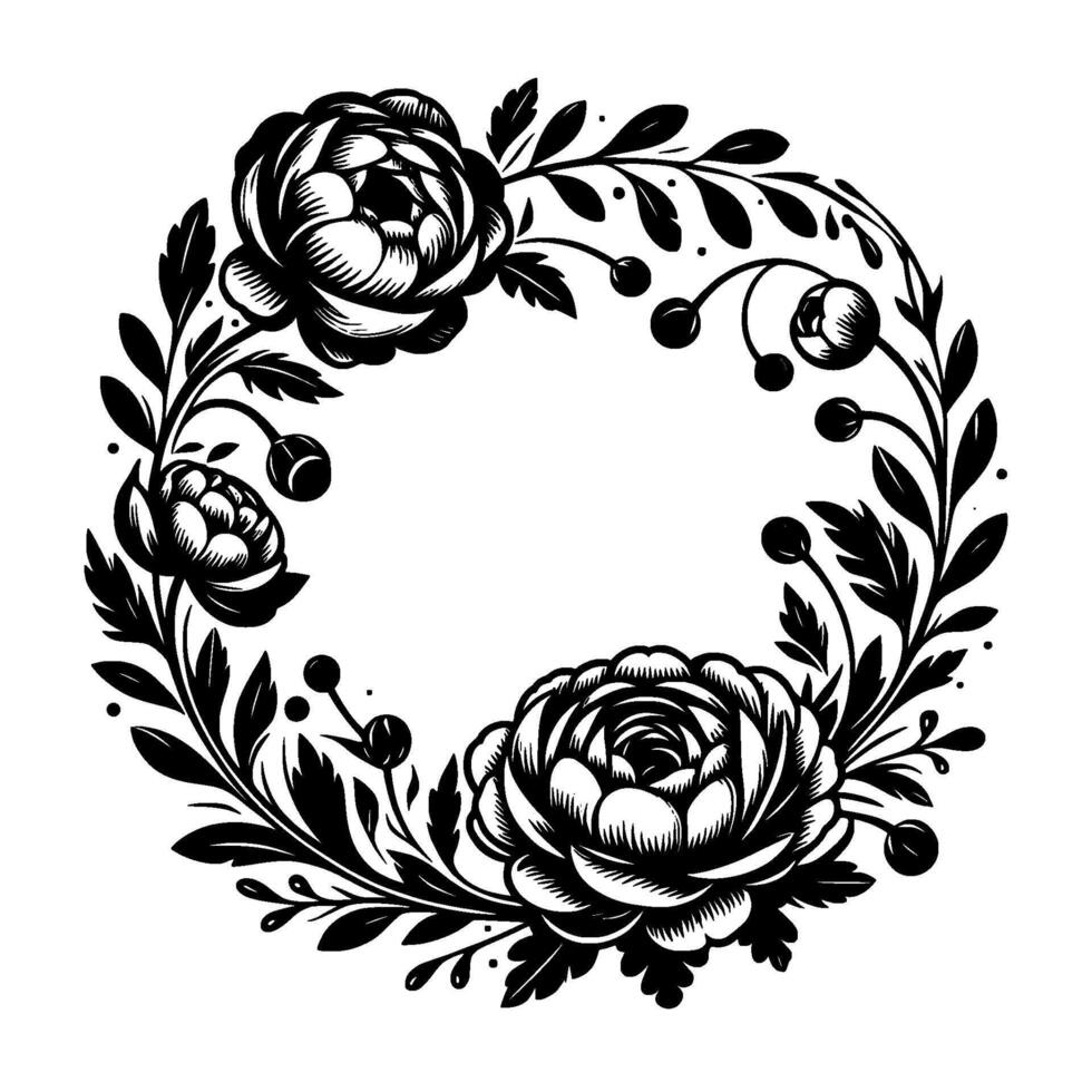 A botanical, intricately detailed black and white floral wreath design, showcasing stylized peonies and foliage, conveying elegance. vector