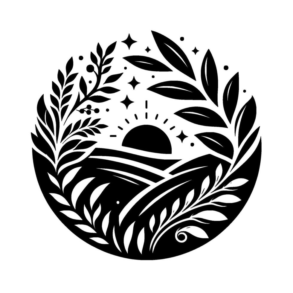 Monochromatic circular illustration of sunrise over rolling hills framed by lush leafy branches and celestial elements. vector
