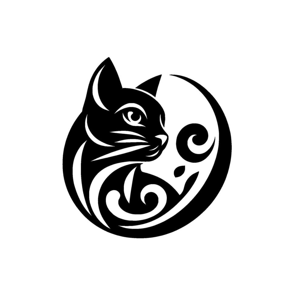 Black cat silhouette in tribal yinyang design, illustration, symmetric, serene, graphic. vector