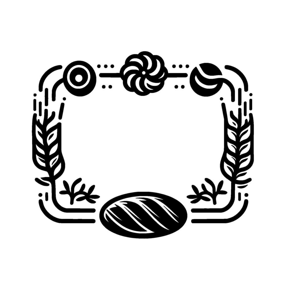 Minimalist black and white bakery frame with wheat, bread, and decorative floral elements on white background. vector