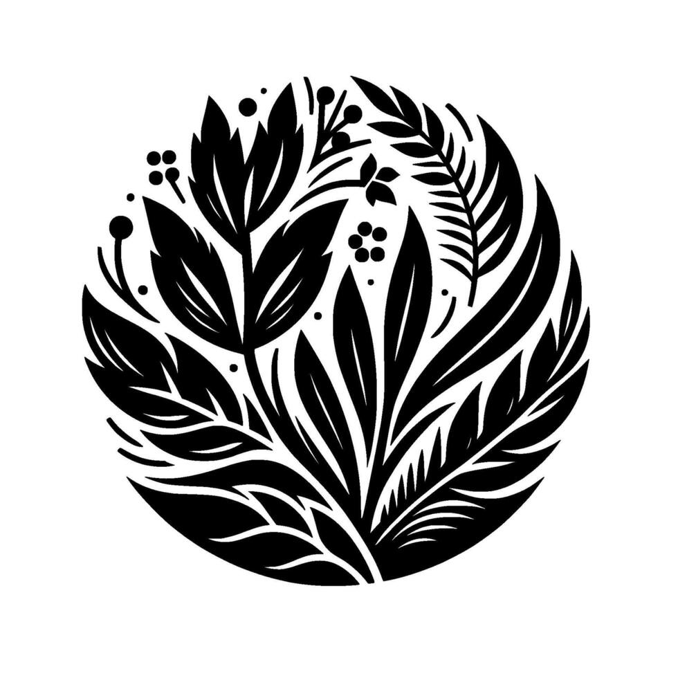 Intricate black and white botanical mandala lush leaves, berries, and fernlike elements in a circular arrangement. vector