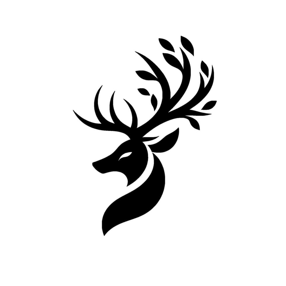 Elegant black deer silhouette with leafy antlers, minimalist on white background, sophisticated wildlife emblem vector