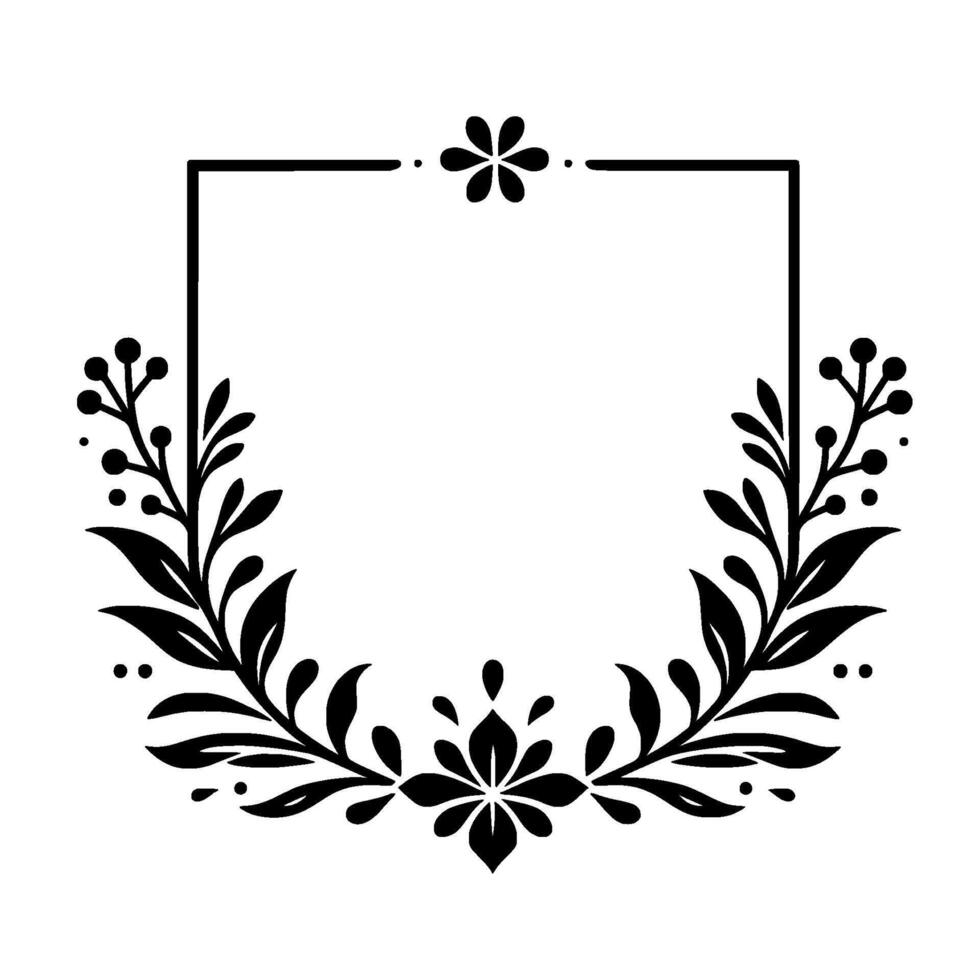 Black floral frame featuring rectangular outline, leaves, and decorative flower elements, symmetrical composition on white background. vector