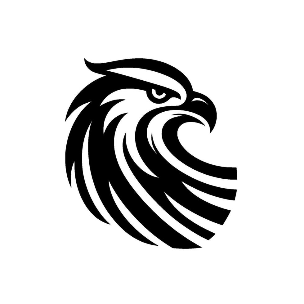 Bold, minimalist black and white design powerful eagle head, focused gaze, abstract feathers, clean aesthetic. vector