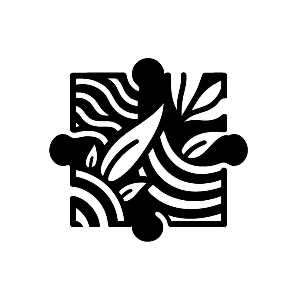 Abstract black and white jigsaw puzzle piece with stylized foliage patterns, creating a cohesive visual design. vector