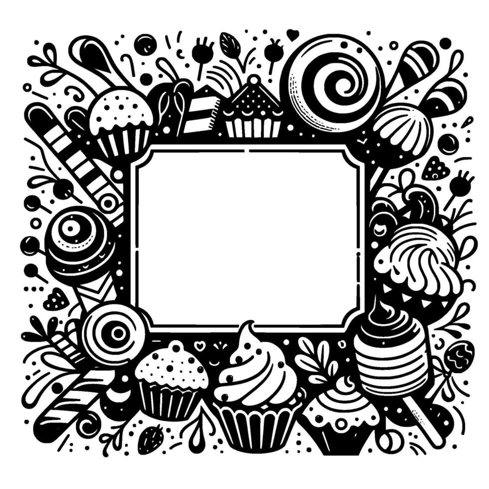 Intricate black and white dessert frame cupcakes, candy, and sweets bordering a blank space. vector