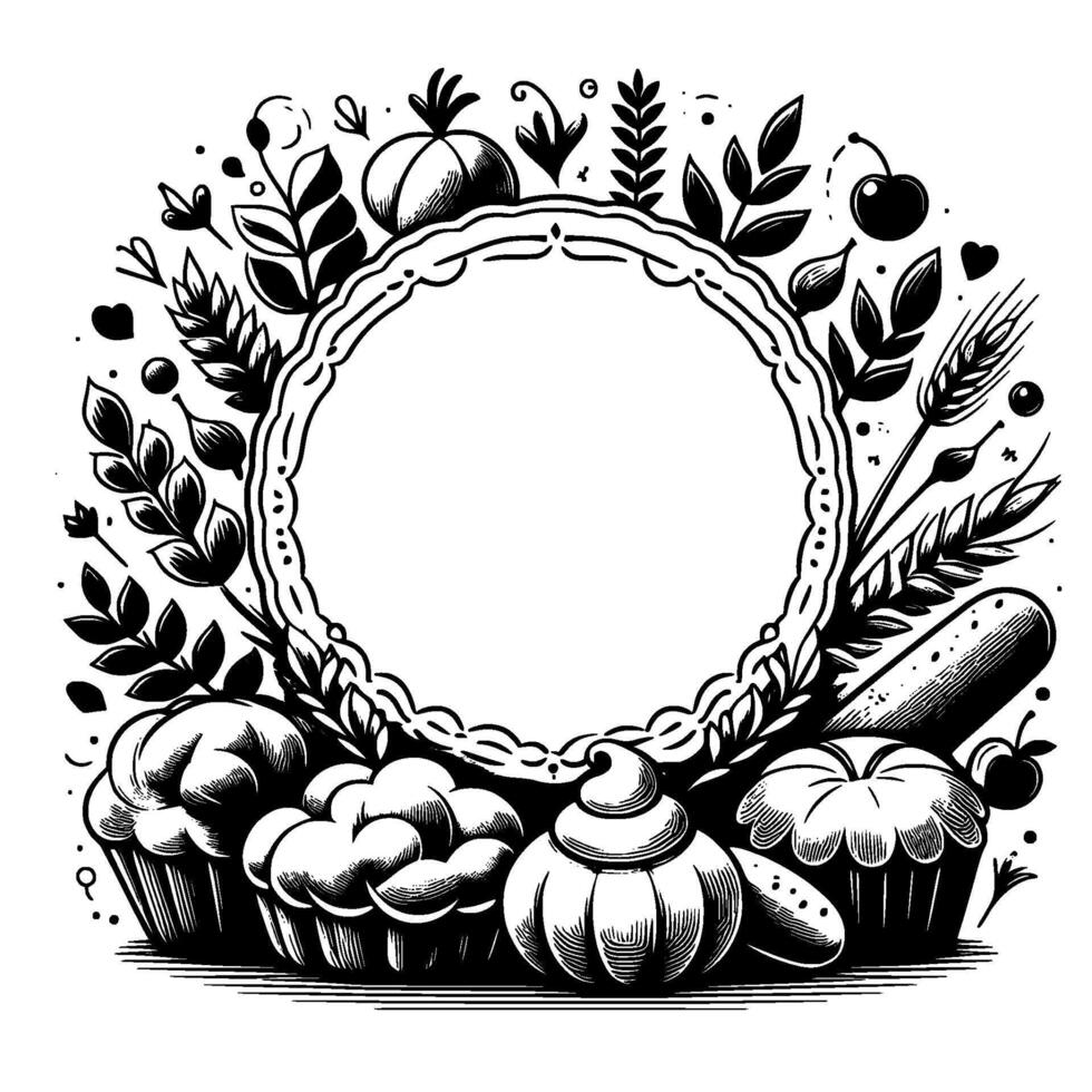 Elegant black white illustration festive frame with bakery delights, fruits, and floral embellishments, ideal for invitations and greeting cards. vector
