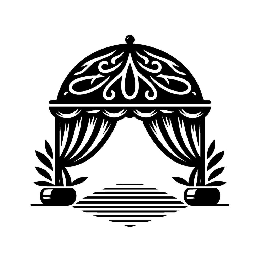 Elegant black and white wedding arbor silhouette with draped curtains, floral details, and a striped pathway for ceremonies or special events. vector