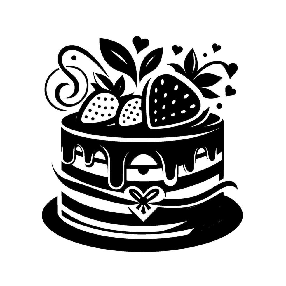 Elegant black and white strawberry cake illustration featuring decorative swirls, heart accents, and drizzled chocolate glaze. vector
