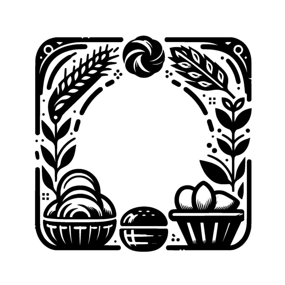 Artistic black and white bakery themed frame featuring bread, wheat, eggs, and circular elements. vector