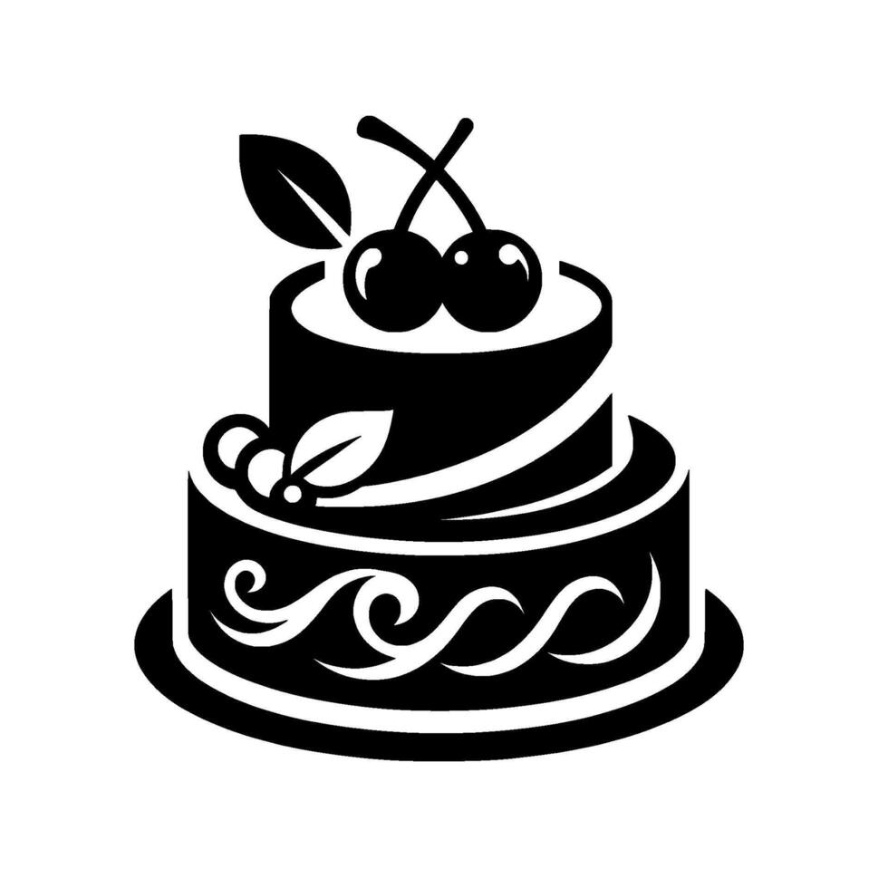 Elegant twotiered cake silhouette with cherries and leaf accents on a white backdrop, a minimalist bakery design. vector