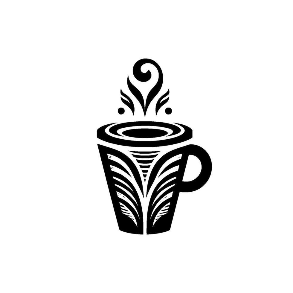 Vectorized black and white coffee cup with leaflike steam, tribal design, and minimalist aesthetic. vector