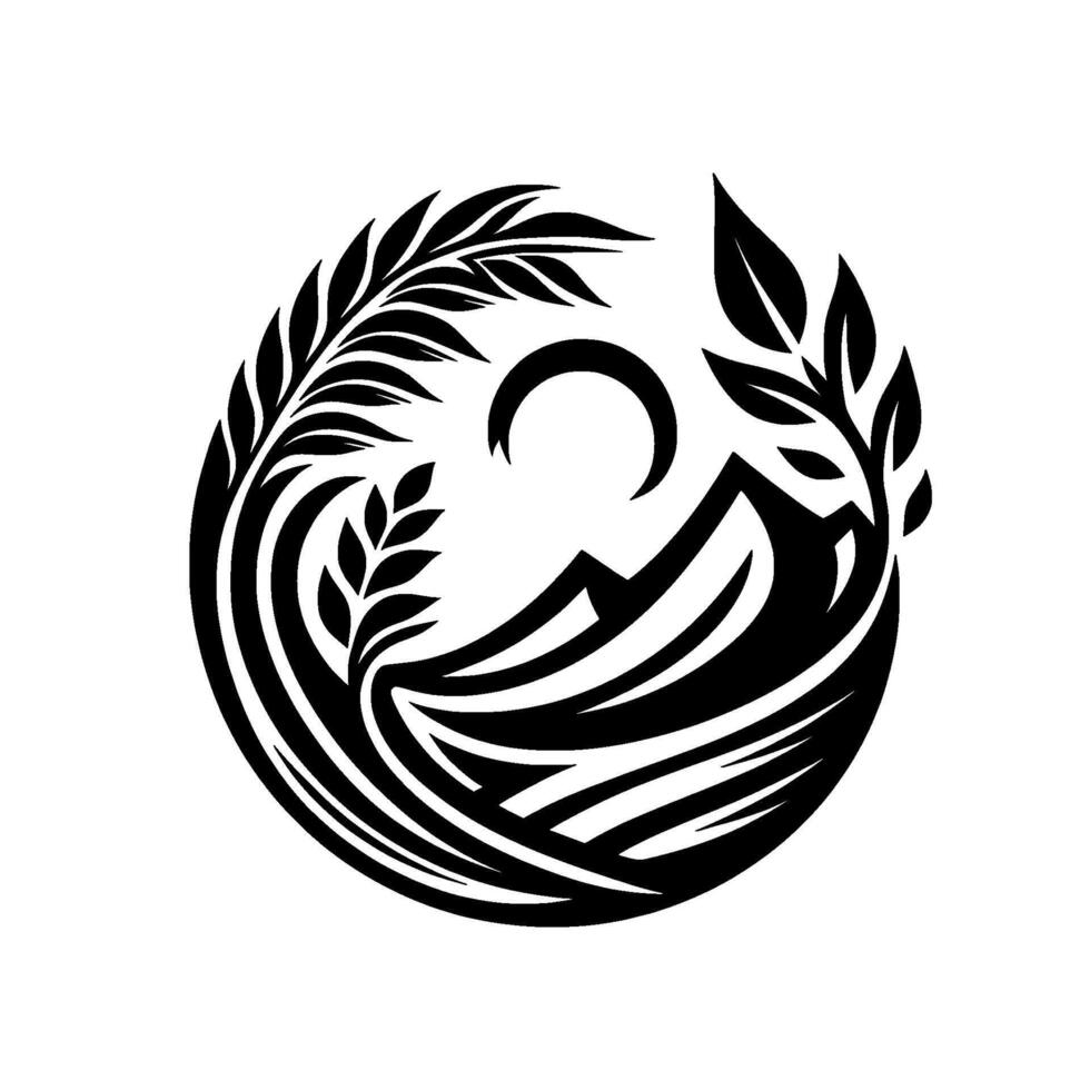 Circular black white mountain and moon scene with leafy framing, natures embrace, symbolic harmony. vector