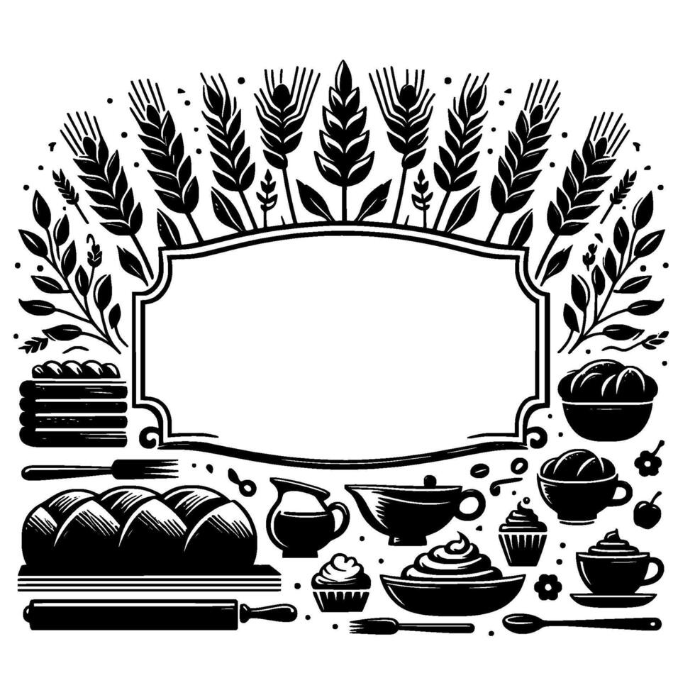 Black and white bakery frame wheat, bread, pastries, and baking utensils decorate a blank rectangular space. vector
