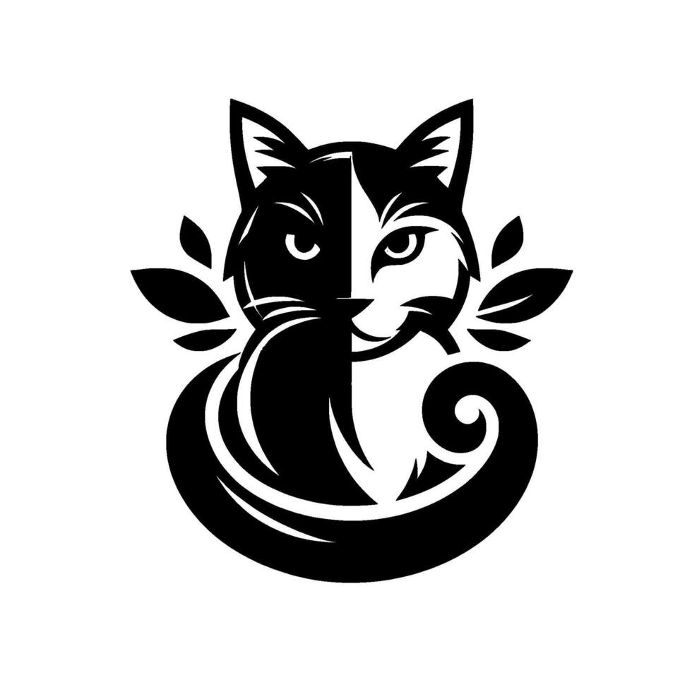 Splitfaced cat logo a symmetrical with black and white halves, adorned with leaves, featuring a curled tail, embodying balance and nature. vector