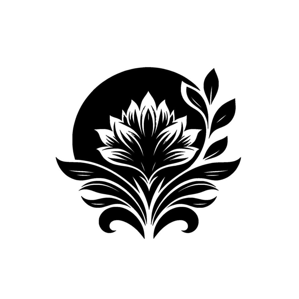 Monochromatic floral featuring a stylized flower against a black circular backdrop, with intricate leaf details creating a symmetrical arrangement. vector