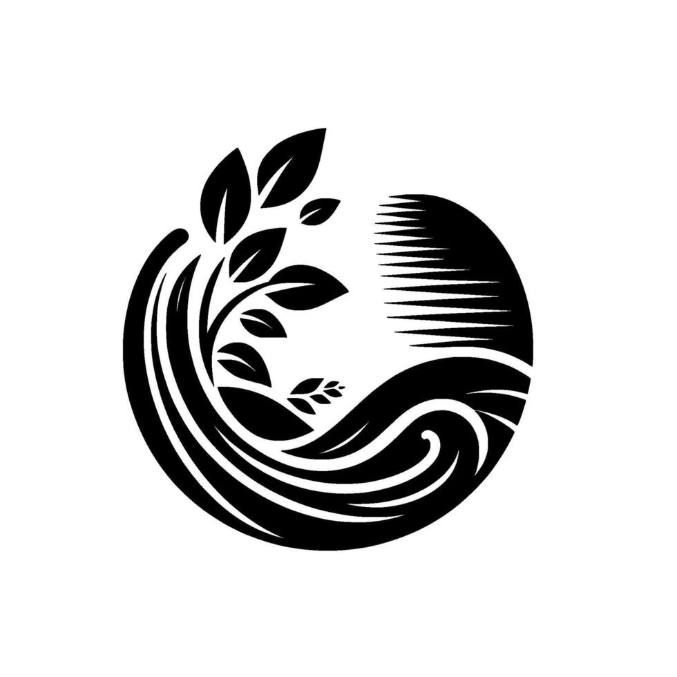 Black and white circular featuring stylized plant growth, water waves, and a radiating sunlike element, symbolizing nature and harmony. vector